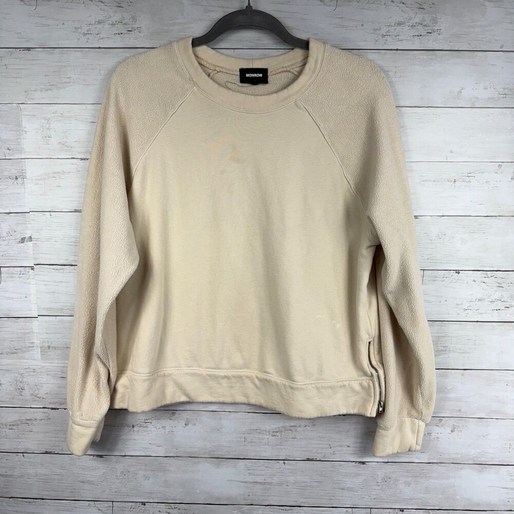 Monrow Cream Fleece Sleeves Crewneck Sweater